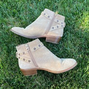 Tan Suede Coach Ankle Booties Floral detail